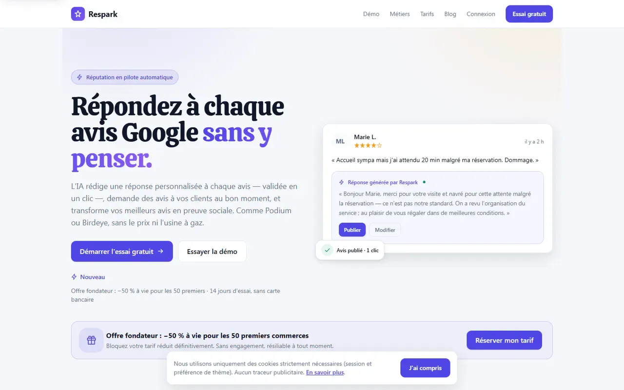Page d’accueil de Respark montrant la génération et la validation d’une réponse à un avis Google